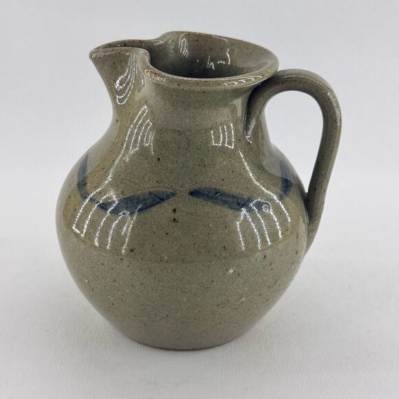 Handmade Studio Art Pottery Stoneware Pitcher Green Blue Primitive 5" Stamped - Picture 5 of 8